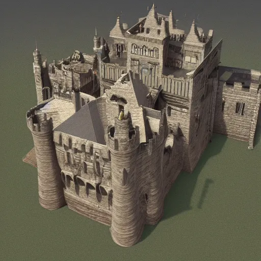 Image similar to a computer generated image of a medieval castle, an ambient occlusion render by Nicomachus of Thebes, polycount, mingei, prerendered graphics, voxel art, ambient occlusion