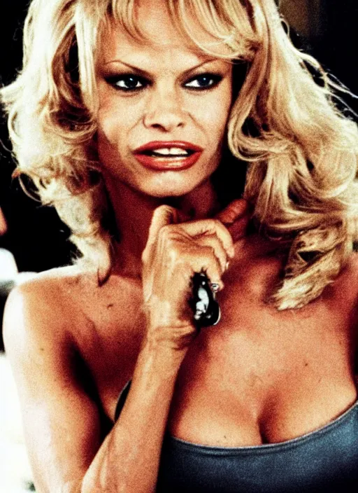 Prompt: a film still of pamela anderson in scarface.