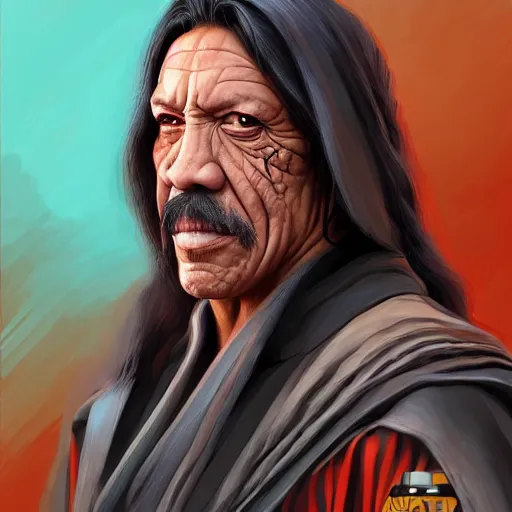 Prompt: danny trejo female, jedi master, wearing the traditional jedi robe, beautiful and uniquely odd looking, detailed symmetrical close up portrait, intricate complexity, in the style of artgerm and ilya kuvshinov, magic the gathering, star wars art, danny trejo