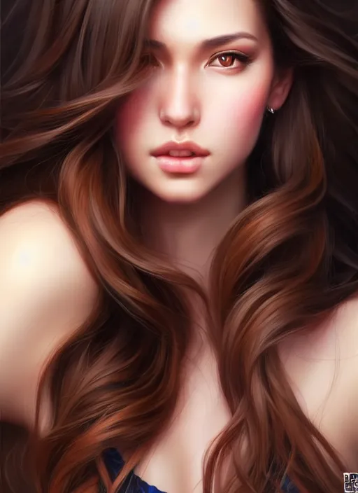 Image similar to a gorgeous female with long brown hair in the style of stefan kostic, realistic, full body shot, wide angle, sharp focus, 8 k high definition, insanely detailed, intricate, elegant, art by stanley lau and artgerm, floating embers