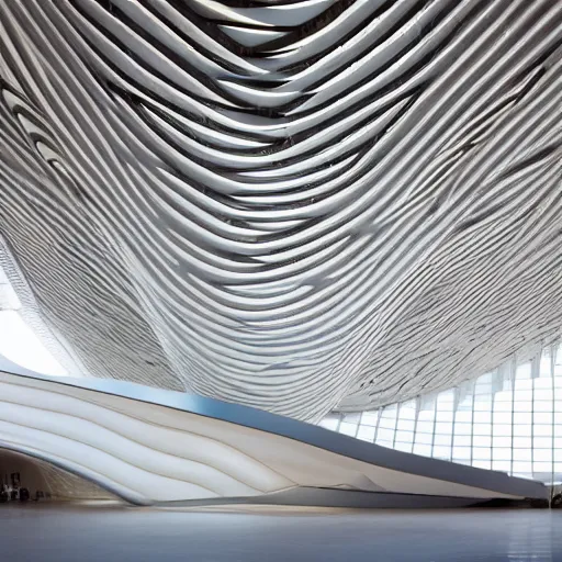 Image similar to extremely detailed stunning beautiful futuristic museum interior by Zaha Hadid, smooth curvilinear dragonfly wings pattern