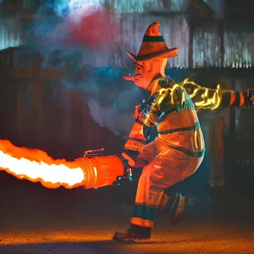 Image similar to photo of a clown using a flamethrower projecting a long bright flame towards a dumpster fire, award-winning, highly-detailed, 8K