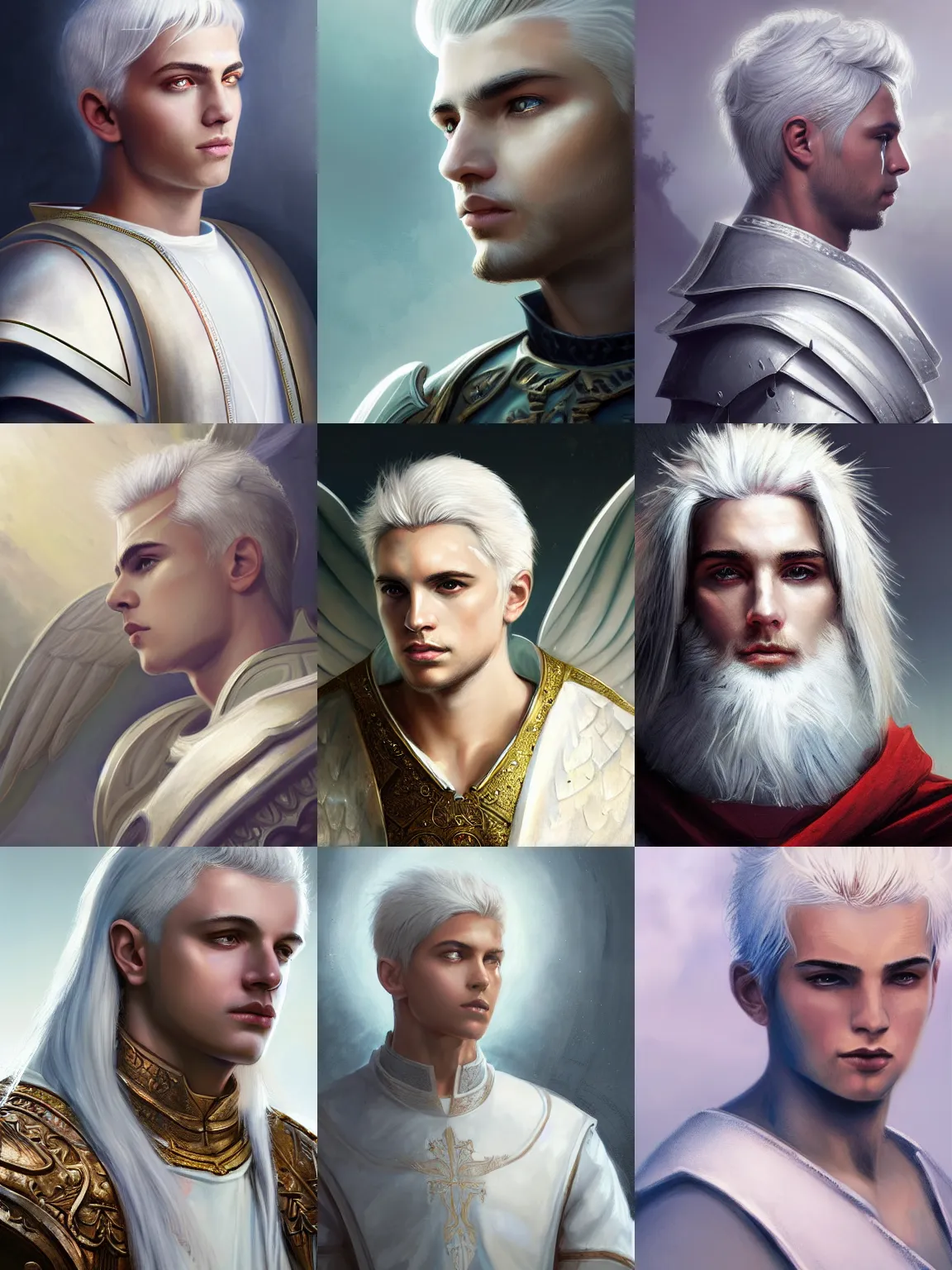 Prompt: closeup portrait of a young beautiful calm and pious male aasimar paladin with white hair wearing white vestments under armor, pensive and hopeful expression, illustration, painterly, WLOP, Greg Rutkowski, intricate, masterpiece, angelic sharp, digital art, halo halo halo halo 8k