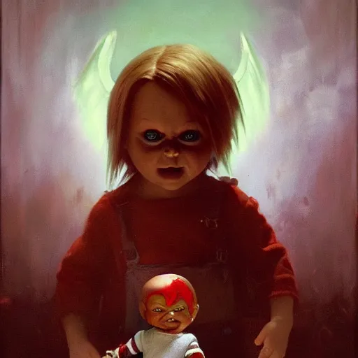 Image similar to the doll chucky as the angel seraphim according to the prophet isaiah, oil painting, by greg rutkowski