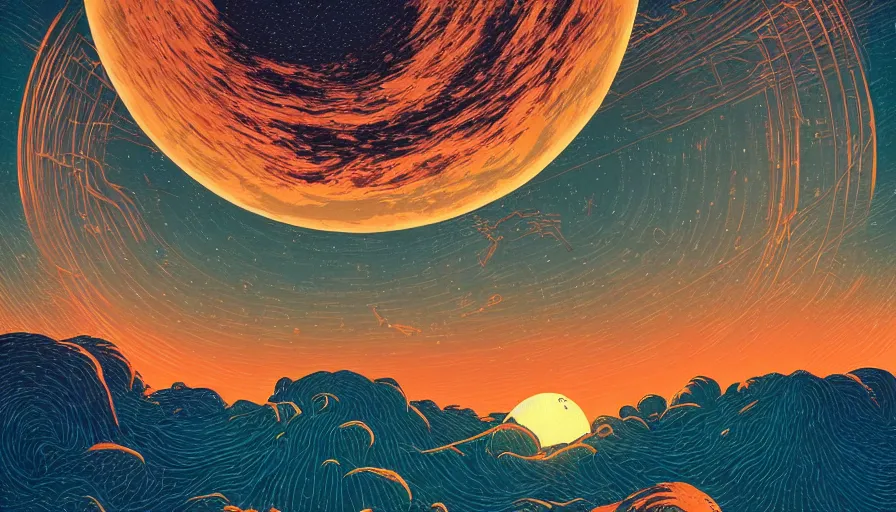 Image similar to harvest moon floating on cosmic maelstrom sky at sunset, futurism, dan mumford, victo ngai, kilian eng, da vinci, josan gonzalez