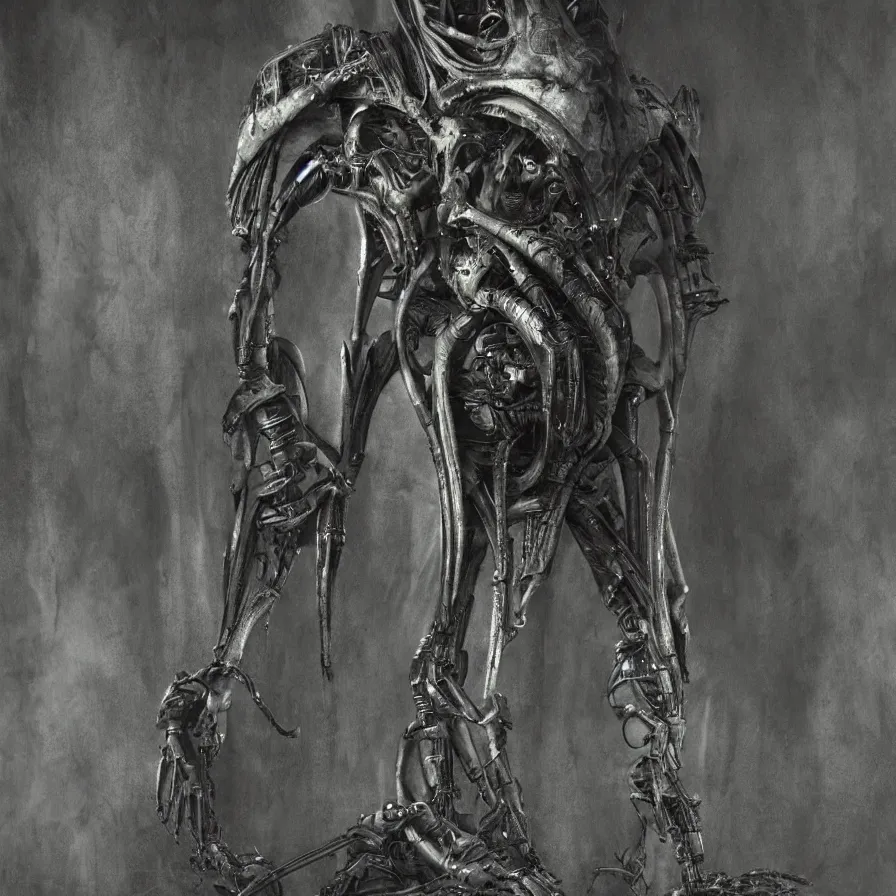 Prompt: Matte painting of a biomechanical alien exoskeleton. dark backdrop, 50mm, H.R Giger