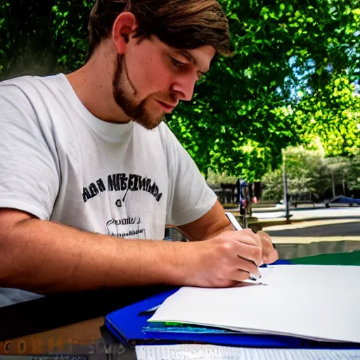 Prompt: Ethan Smith writing his next guide, (EOS 5DS R, ISO100, f/8, 1/125, 84mm, postprocessed, crisp, facial features)