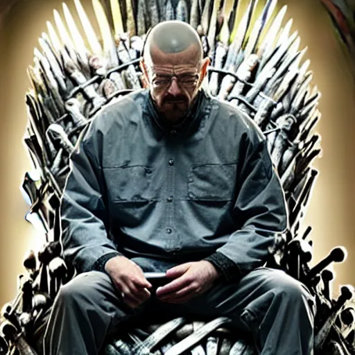 Image similar to “Very crisp close-up photo of Walter White sitting on the Iron Throne from Game of Thrones, atmospheric lighting, award-winning details”