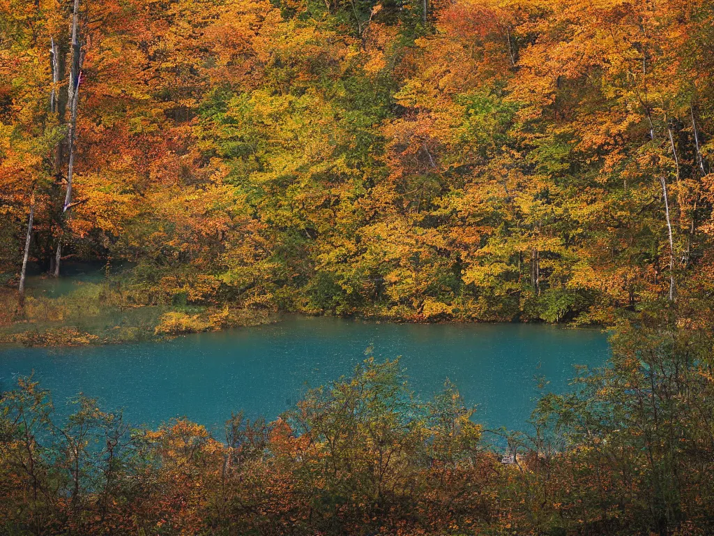 Image similar to a lake in the woods during autumn, photograph, color film