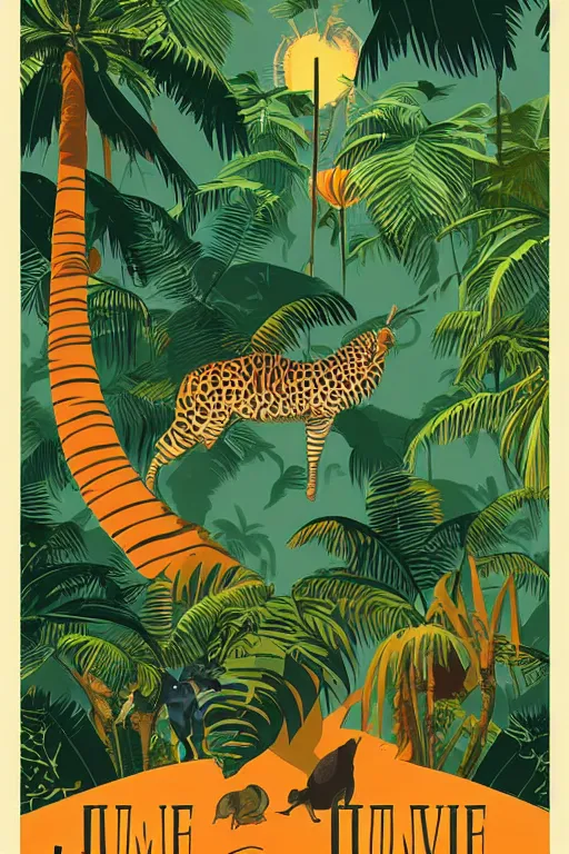 Prompt: vintage poster, jungle travel adventure, illustration, vector art, retro