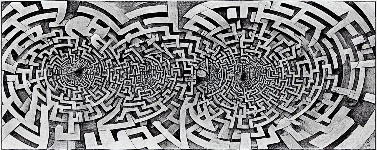 Prompt: The Labyrinth of Time, by M.C. Escher and Jorge Luis Borges