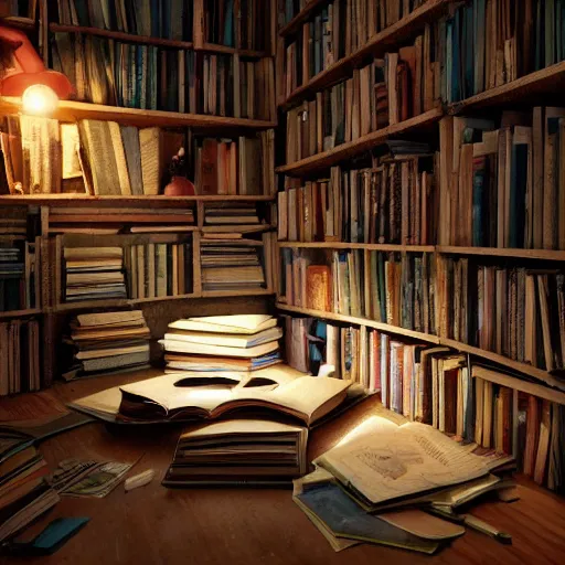 Prompt: books cave, a lot of books, many books everywhere, atmospheric, dof, wide angle, very coherent composition, masterpiece, incredible details, highly detailed, photorealistic, disney pixar, warm colours, atmospheric, cozy place, smooth, hole as a window, octane render, iridescent, 8 k