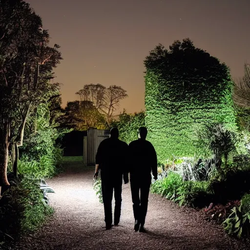 Image similar to A dark photo of two men in a garden at night walking towards a small wooden garden shed