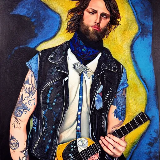 Prompt: in the style of Joshua Middleton art, beautiful young punk rock man playing guitar, long curly brown hair with black paisley bandana, denim vest over leather jacket, symmetrical face, concept art, impasto painting