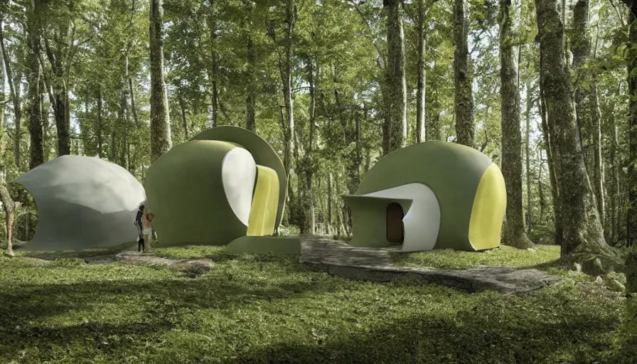 Image similar to A unique innovative and creative eco community of small affordable and contemporary creative cabins in a lush green forest with soft rounded corners and angles, 3D printed line texture, made of cement, connected by sidewalks, public space, and a park, Design and style by Zaha Hadid, Wes Anderson and Gucci