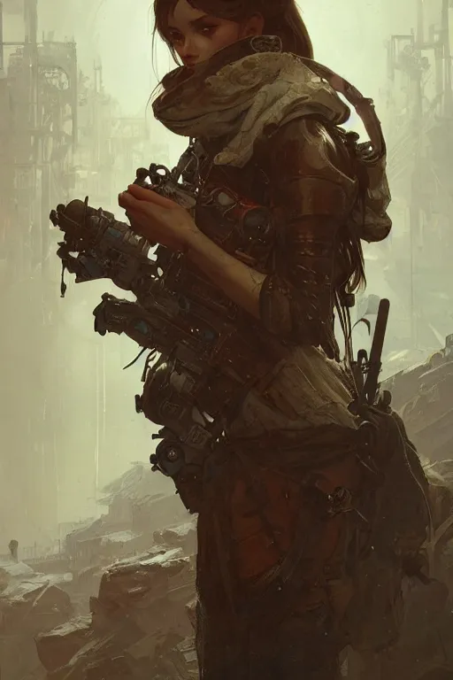 Image similar to A full portrait of a beautiful post apocalyptic Cyrillic explorer, intricate, elegant, highly detailed, digital painting, artstation, concept art, smooth, sharp focus, illustration, art by Krenz Cushart and Artem Demura and alphonse mucha