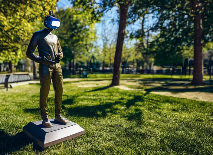 Image similar to photo still of a bronze statue of a man gaming in vr in a park on a bright sunny day, 8 k 8 5 mm f 1 6