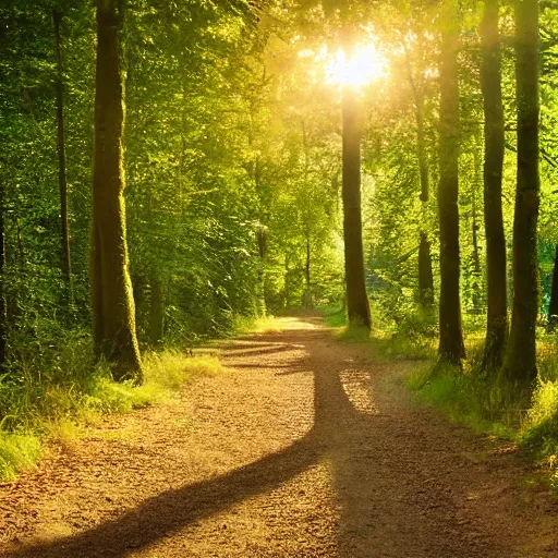 Prompt: Dutch forest trail in summer, photo, golden hour, award winning