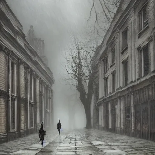 Prompt: ominous wendigo walking through the center of old london city, oil painting, gloomy misty atmosphere, symmetrical, full body image, highly ornate intricate details, very sharp photo,