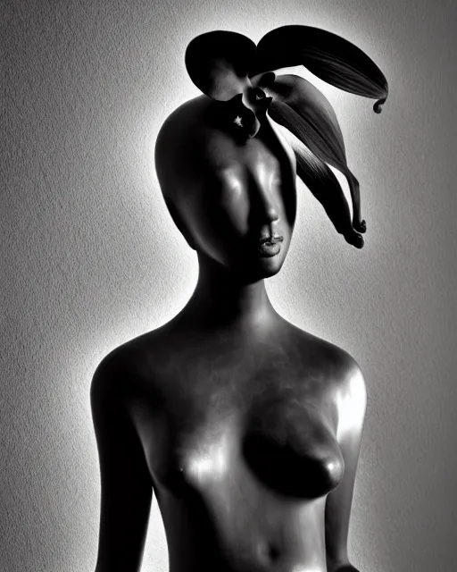 Image similar to surreal mythical dreamy dark artistic black and white fine art photo of a monumental wax sculpture of a female, orchid, bird, cybor