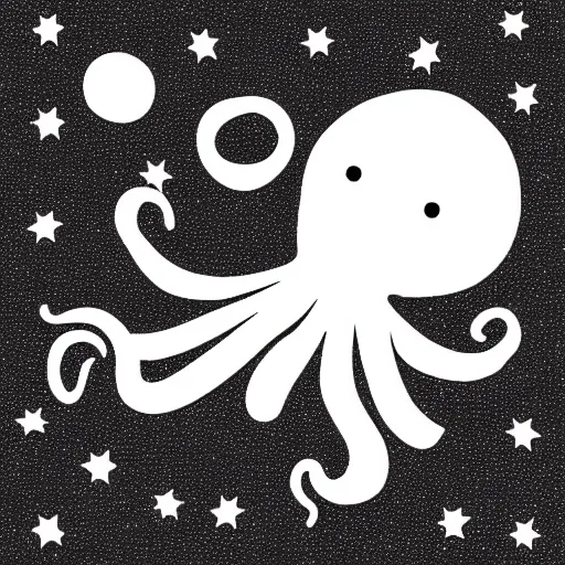 Prompt: relaxed octopus on moon, black and white illustration, stars