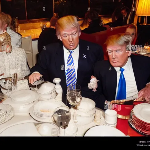 Prompt: Donald Trump doing service in restaurant, paparazzi photo, long focale shoot