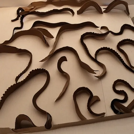 Prompt: many octopus tentacles made of cardboard, cut out of brown corrugated cardboard