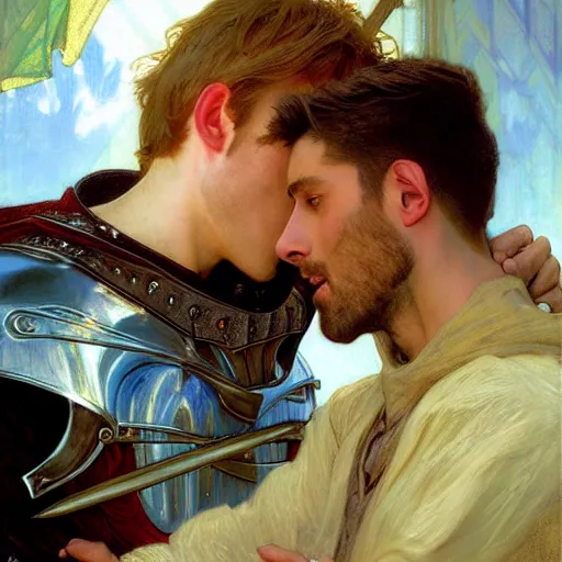 Image similar to arthur confesses his love for lancelot! dream attractive arthur pendragon and his attractive male knight, they are in love, natural lighting, path traced, highly detailed, high quality, digital painting, by gaston bussiere, craig mullins, alphonse mucha j. c. leyendecker