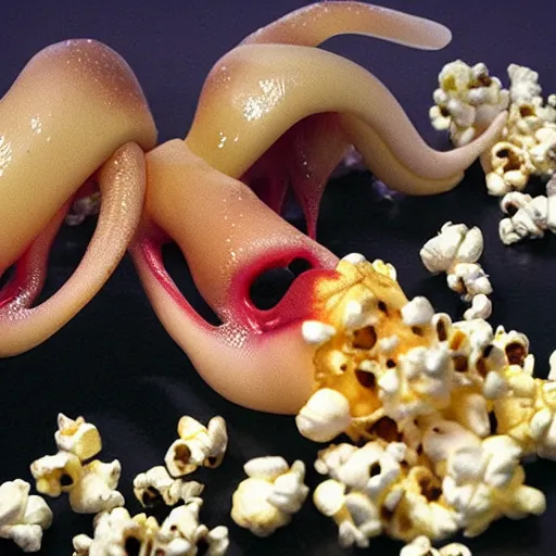 Image similar to hyper realistic, two headed squid eating popcorn at the cinema