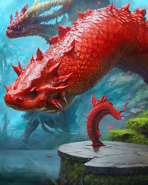 Image similar to game character beautiful giant kaiju sized pond dragon half fish half salamander, wet amphibious skin, red salamander, axolotl creature, koi pond, korean village by Ruan Jia and Gil Elvgren, fullbody