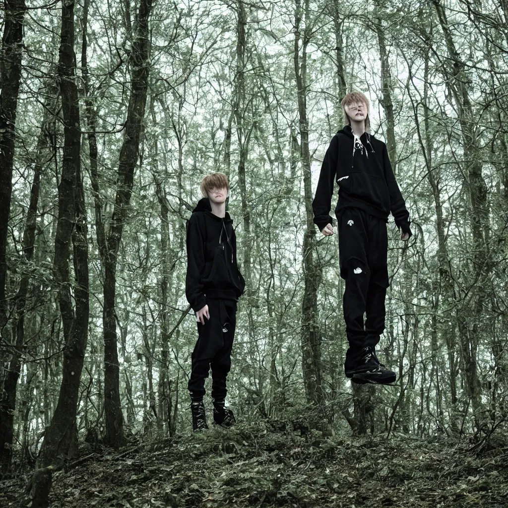 Image similar to cinematic still of bladee in dark forest, XF IQ4, f/1.4, ISO 200, 1/160s, 8K, RAW, dramatic lighting, symmetrical balance, in-frame