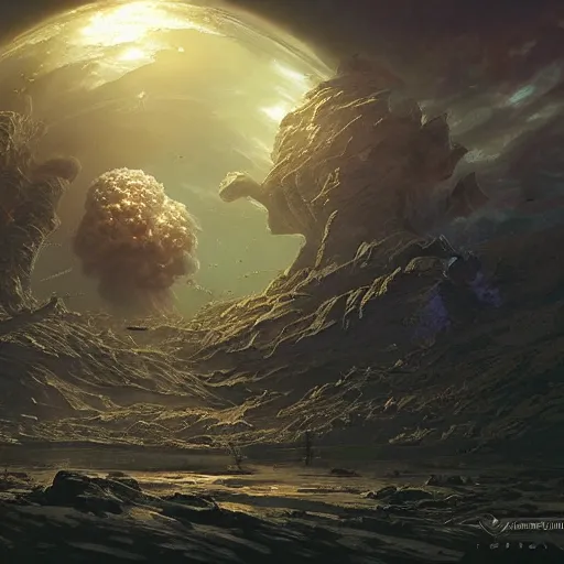 Image similar to enormous nuclear bomb explosion, sci - fi scene, fantasy, hd, volumetric lighting, 4 k, intricate detail, by jesper ejsing, irakli nadar