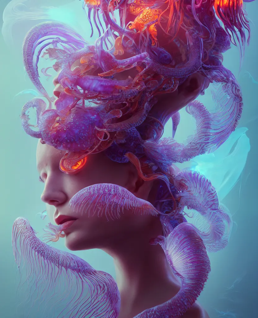 Image similar to goddess close-up portrait. chimera orchid jellyfish phoenix head, nautilus, skull, betta fish, bioluminiscent creatures, intricate artwork by Tooth Wu and wlop and beeple. octane render, trending on artstation, greg rutkowski very coherent symmetrical artwork. cinematic, hyper realism, high detail, octane render, 8k