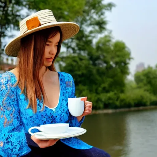 Image similar to a beautiful woman wearing a blue lace top and a white hat, drinking coffee by a river in beijing