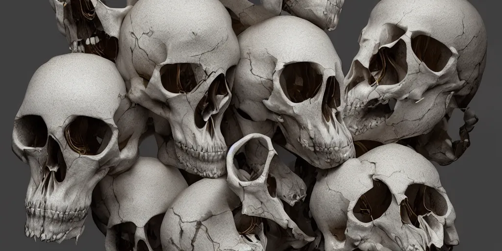 Image similar to photorealistic strange sculpture made of white bird skulls. occult photorealism, uhd, amazing depth, glowing, golden ratio, 3 d octane cycle unreal engine 5, volumetric lighting, cinematic lighting, cgstation artstation concept art