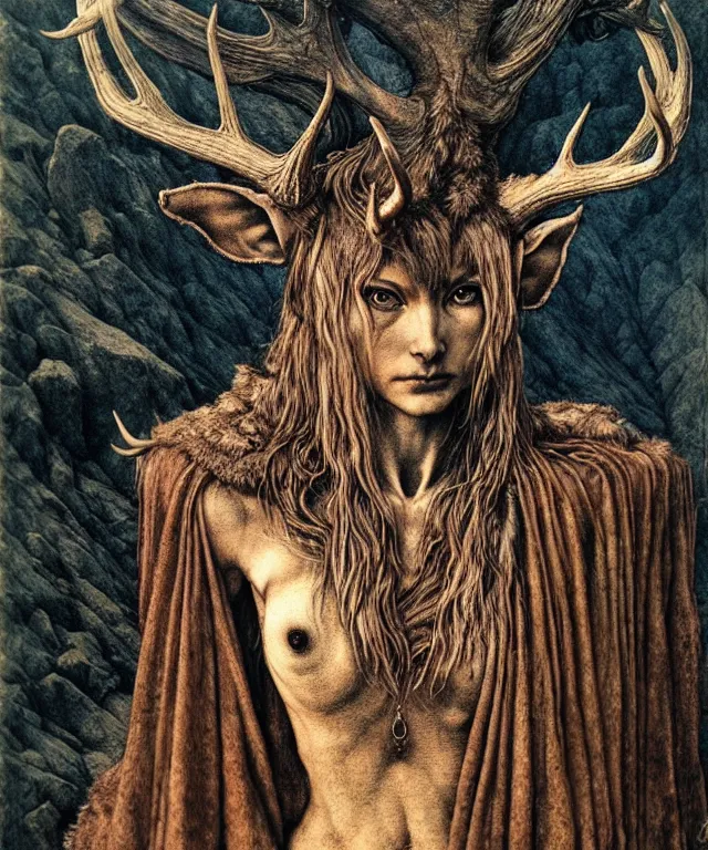 Prompt: A detailed horned deerwoman stands among the mountains. Wearing a ripped mantle, robe. Perfect faces, extremely high details, realistic, fantasy art, solo, masterpiece, art by Zdzisław Beksiński, Arthur Rackham, Dariusz Zawadzki