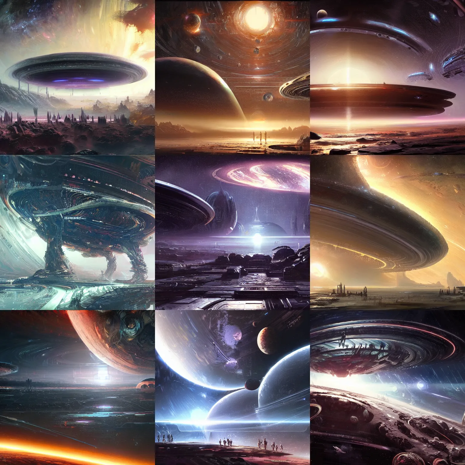 Prompt: alien megastructure ring around planet of type IV civilisation by Wadim Kashin