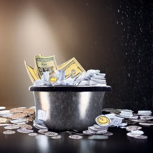 Image similar to Penguin bathing in a tub of money, bathroom, lots of money flowing, 4k, moody lighting