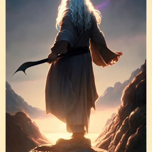 Image similar to a portrait of gandalf cinematic lighting, photorealistic, octane render, 8 k, depth of field, 3 d, art by artgerm and greg rutkowski and alphonse mucha and uang guangjian and gil elvgren and sachin ten