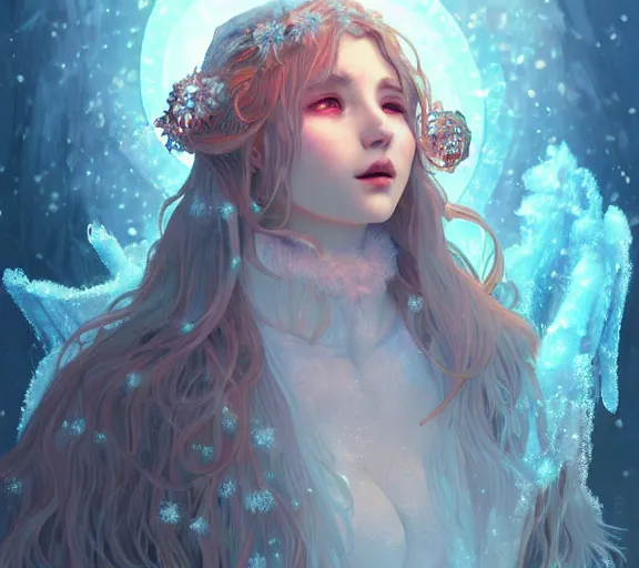 Image similar to beautiful ancient frost witch, fire in eye, snow glow, pool party, highly detailed, digital painting, artstation, sharp focus, illustration, art by tan zi and ayanamikodon and alphonse mucha and wlop!!!