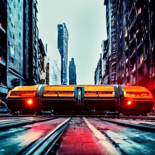 Prompt: futuristic train drives over busy street full of cars in nyc at night, still photo, cinematic lighting