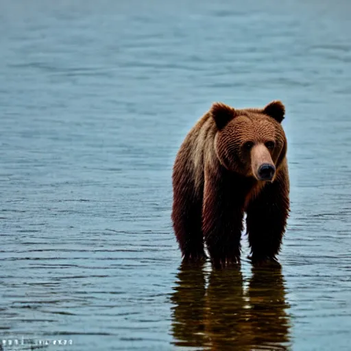 Prompt: a brown bears sees it's reflection in the lake ( eos 5 ds r, iso 1 0 0, f / 8, 1 / 1 2 5, 8 4 mm, postprocessed, crisp bokeh )