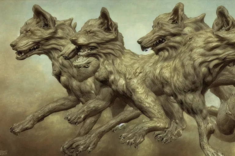 Image similar to hyperdetailed matte art of cerberus by william blake, ilya repin, amano, rene magritte, craig mullins, three headed dog, details