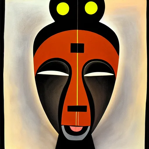 Image similar to Art in the style of Laszlo Noholy-Nagy, Georgia Anne Muldrow, side portrait, tribal mask inside mask, afrocentric mysticism