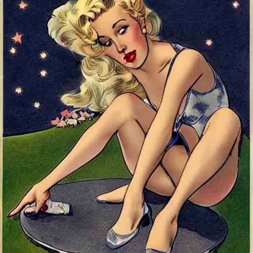 Prompt: a pin up sitting on a stylized half moon, by milo manara