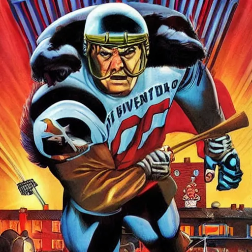 Prompt: comic book cover for'the terror of the superbowl ', art by alex ross