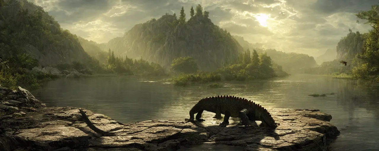 Prompt: crocodile next to river, beautiful dynamic lighting, cinematic, wide angle establishing shot, extremely high detail, photo realistic, cinematic lighting, post processed, concept art, artstation, matte painting, style by frederic church, raphael lacoste, unreal engine 8 k