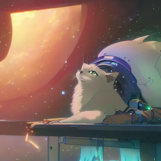 Prompt: an anime alien space cat sleeping on a mechanics workbench in a spaceport in a musical fantasy space opera ghibli animated film, volumetric lighting, octane render by stanley artgerm lau, greg rutkowski, studio ghibli, alphonse mucha, loish, norman rockwel, highly detailed, warm lighting, lens flare - w 7 0 4