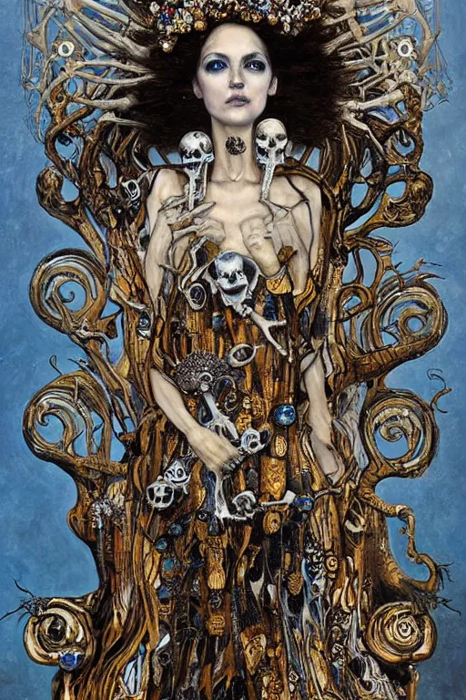 Prompt: The Queen of Bones by Karol Bak, Jean Deville, Gustav Klimt, and Vincent Van Gogh, portrait of a porcelain princess wearing a crown, beautiful porcelain doll face, pale blue eyes, mystic eye, otherworldly, crown made of bones, ornate jeweled crown, skulls, fractal structures, arcane, inscribed runes, infernal relics, ornate gilded medieval icon, third eye, spirals, rich deep moody colors