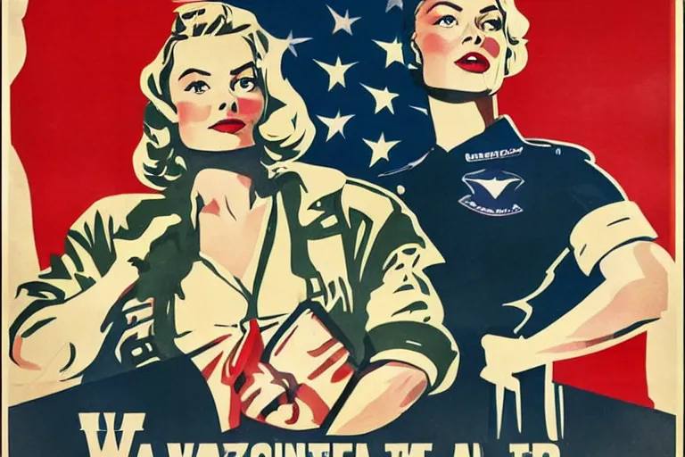Image similar to A WW2 style propaganda poster with Margot Robbie as a bomber girl